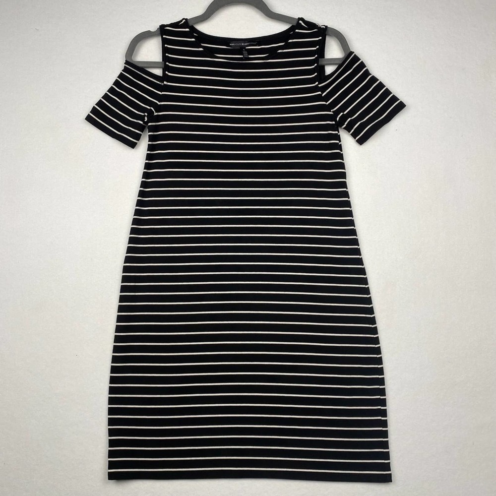 White House Black Market‎ Women's Sz S cold Shoulder Stipe Knit Shift Mini Dress - Picture 3 of 8
